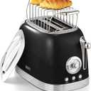 Glossy Black Cute Retro Toaster 2 Slice with 1.58" Wide Slots, Bread toaster with Cover and Warm Rack, Stainless Steel Toaster with Removable Crumb Tray, Preheat, Defrost, Cancel Function