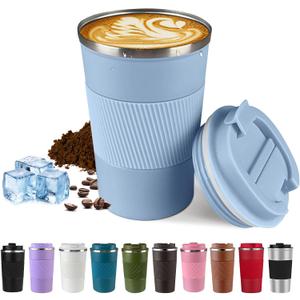 SPLMIFA Vacuum-Insulated Stainless Steel Travel Coffee Mug, Leak-Proof Reusable Coffee Cup with Lid - Keep Hot & Cold Drinks for Hours, Durable Thermos Tumbler for Men & Women (3rd-Light Blue, 12OZ)
