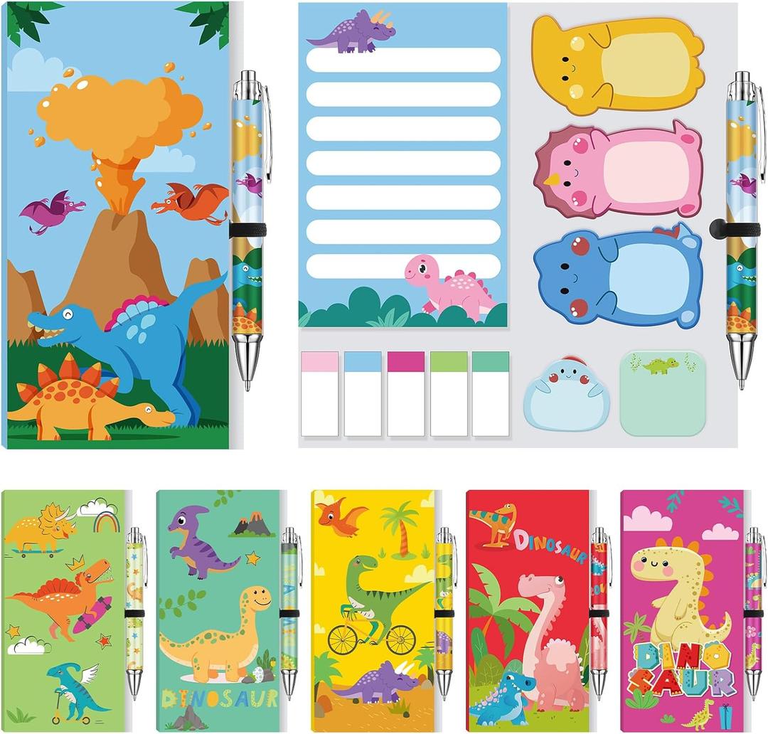 Sayglossy 6 Set Dinosaur Sticky Notes Pens Set Cartoon Dinosaur Sticky Notes Pads Self-Adhesive Writing Memo Pads Pages Party Favors Supplies Teacher Appreciation Gifts for School Office
