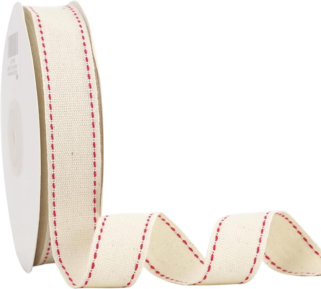 MEEDEE 7/8 inch Cotton Ribbon with Red Stitched Double Red Trim Cotton Ribbon for DIY Crafts, Gift Wrapping, DIY Crafts Projects, Party Wedding Natural Themed Events Decorating (25 Yards)