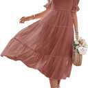 MEROKEETY Women's 2025 Summer Square Neck Puff Sleeve Boho Midi Dress Swiss Dot Ruffle Flowy Tie Back Dress (Mauve), Large 