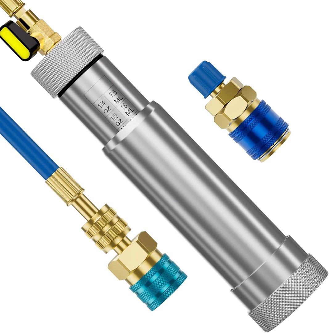 HTOMT AC Oil Injector Kit, A/C Dye Oil Injector with R1234YF Low Side Quick Coupler and QC12 Quick Coupler, for R1234YF R134A R22 R12 Refrigerant System