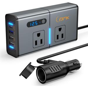 200W 7-in-1 Car Power Inverter DC 12V to 110V AC with PD 27W USB-C & QC 3.0, Dual AC Outlet Car Plug Adapter for Vehicles, LED Voltage Display, Quiet Cooling Fan for Laptop CPAP Road Trip Camping