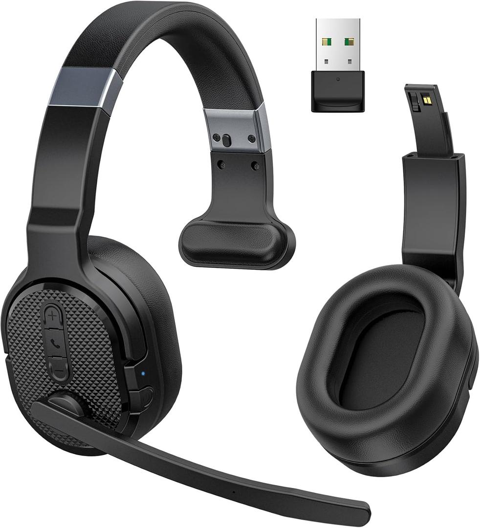 Trucker Bluetooth Headset with Dongle, Wireless Headsets with Noise Cancelling Microphone, 50+Hrs HD Talktime Bluetooth Headphones with Detachable Earpad/Single+Dual Mode for Office/Driving (Black)