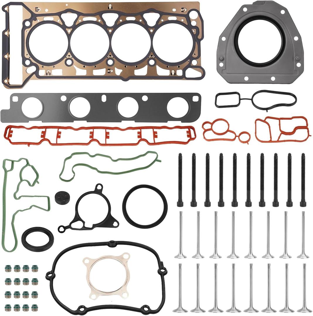 2.0T Intake Exhaust Valves & Cylinder Head Gasket Set with Bolts Compatible with 2009-2015 VW CC Jetta Eos Tiguan GTI Passat, Audi A3 A4 A5 A6 Q5 TT 2.0L L4 Engine Replace# 06D109601M 06D109611H