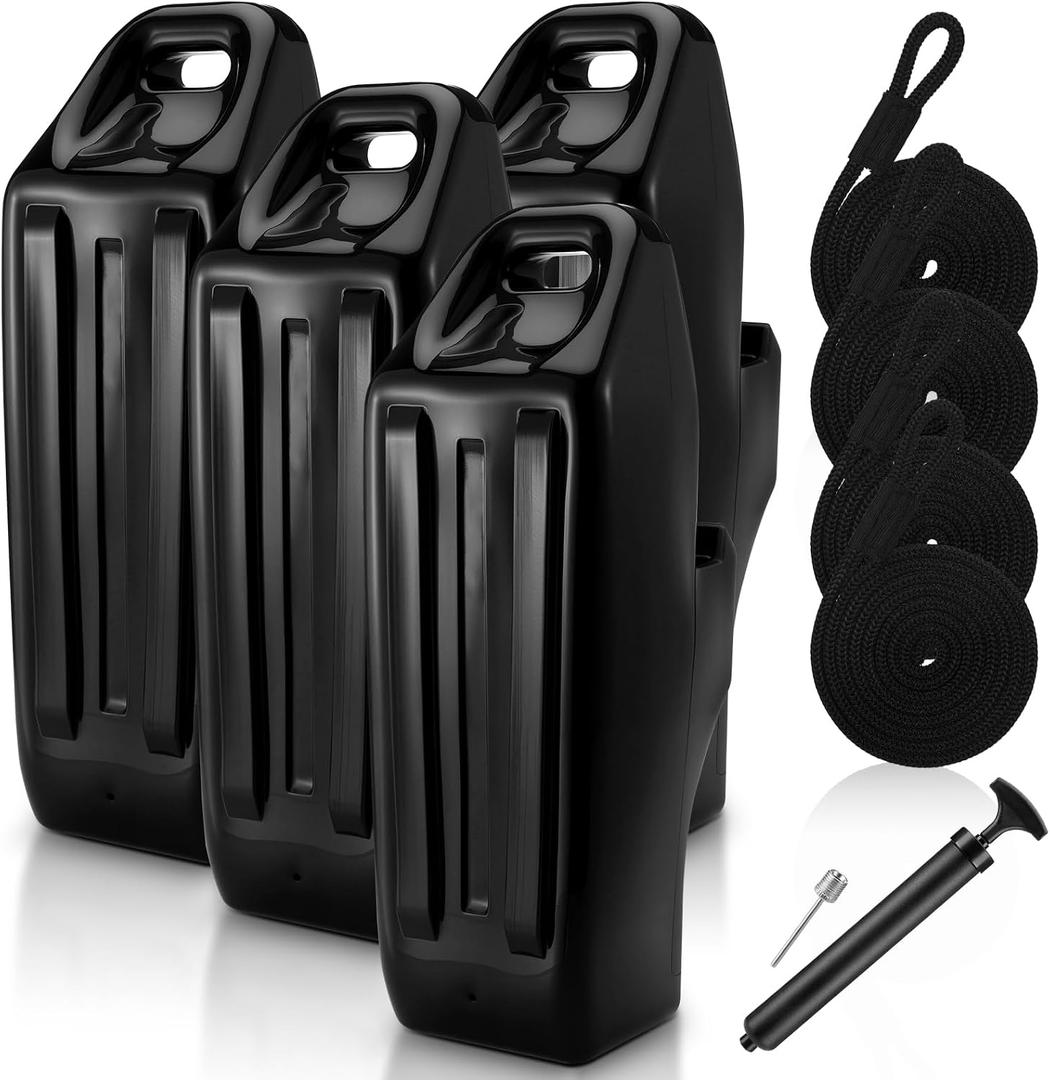 4 Pack Pontoon Boat Fenders 23.6" x 7.9" x 9" Black Inflatable Boat Bumper for Docking with Ropes Heavy Duty Marine Grade PVC with Locking Recessed and Groove Grip Handle Pontoon Accessories