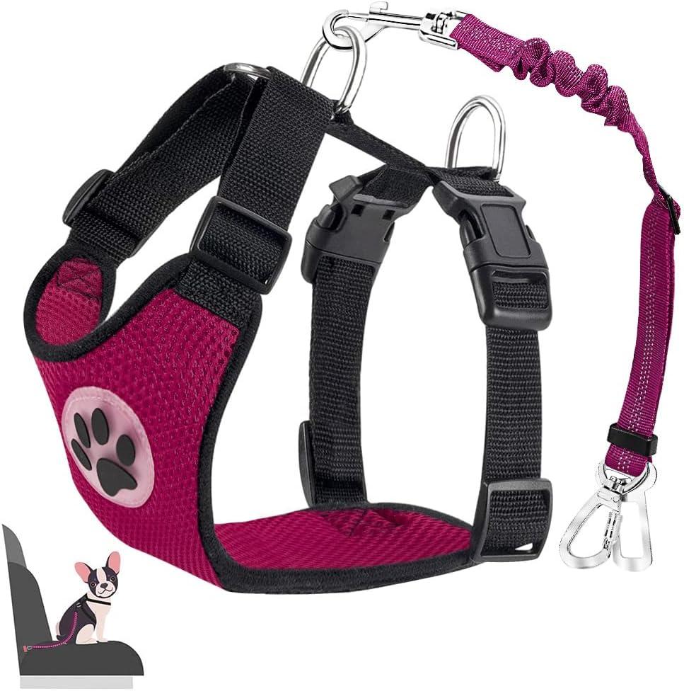 Lukovee Dog Car Harness Seat Belt, Adjustable Mesh Breathable Vest with Elastic Bungee Tether, Soft Padded 2-in-1 Safety Car Harness Seatbelt for Small Medium Large Dogs (Rose,XXS)