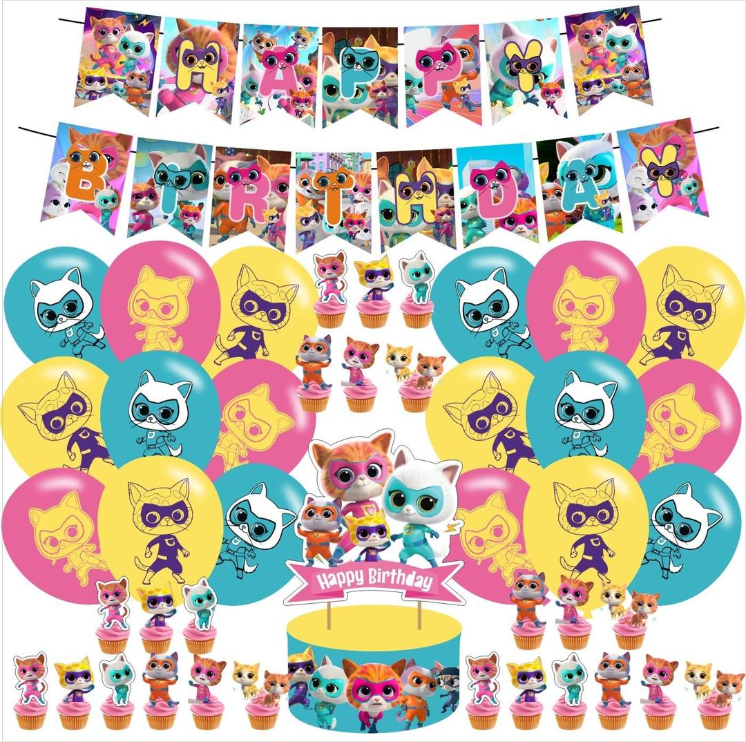 Cartoon Cat Birthday Party Decorations, Super Cat Decoration Party Supplies, Including Balloons, Banners, Cupcakes, Cake Toppers