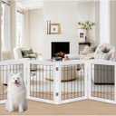 LZRS 4-Panel Extra-Wide Wooden Freestanding Dog Gate: Foldable Solid Wood and Steel Wire Chew Resistant Safety Barrier for Doorways, Stairs, and Large Open Spaces Indoor Use, White