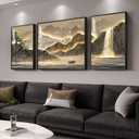 Framed Mountain Wall Art for Living Room, 3 Piece Brown Landscape Painting Prints, Modern Luxury Bright Style Pine Tree Waterfall Artwork for Dining Room,Hallway Office Wall Decor, 24" H x 64" W