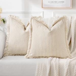 MIULEE Pack of 2 Khaki Pillow Covers 20x20 Inch Striped Farmhouse Couch Throw Pillow Covers with Fringe Chic Linen Decorative Cushion Covers for Sofa Living Room Bed Outdoor Home Decor 