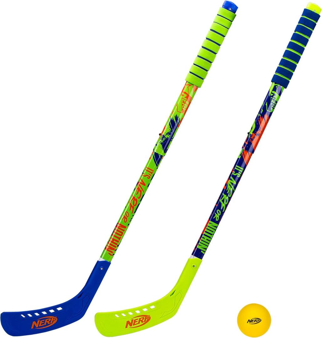 Franklin Sports NERF Proshot Kids Hockey Sticks + Ball Set - 2 Player Youth Indoor + Outdoor Set - 2 in 1 Knee + Floor Hockey - (2) NERF Proshot Youth Sticks + (1) Foam Ball Included