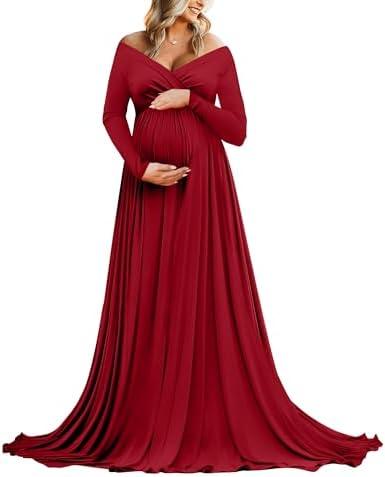 Saslax Maternity Off Shoulders Half Circle Gown for Baby Shower Photo Props Dress.L