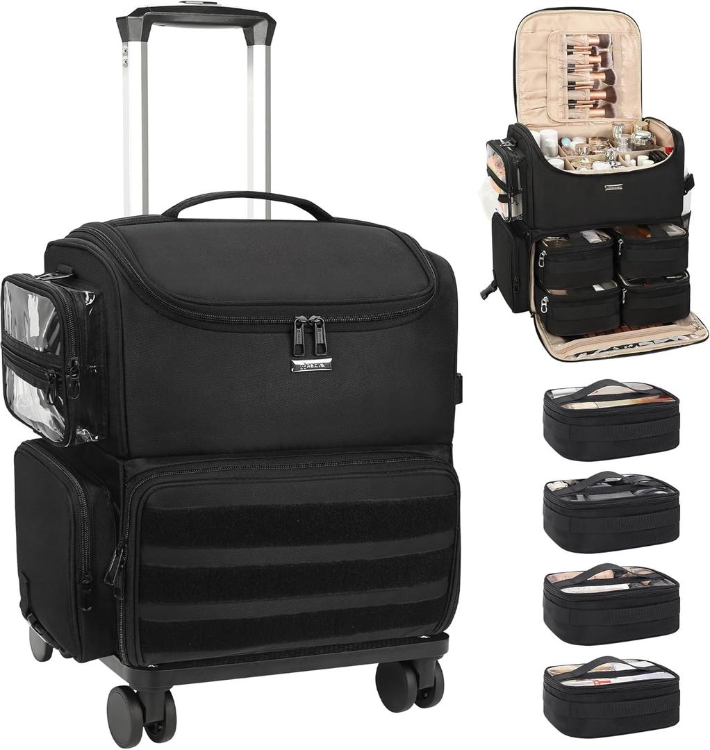 Relavel Rolling Makeup Train Case, Cosmetology Case on Wheels with 4 Clear Bags, Professional Makeup Artist Set Bags Cosmetic Storage Organizer with Adjustable Dividers, 360 Spinner Wheels, Black
