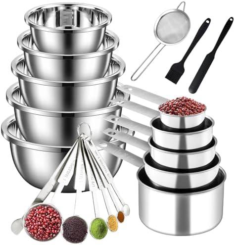 Measuring Cups and Spoons Set 20 Pcs,Stainless Steel Nesting Measuring Spoons and Cups with Mixing Bowl Set,Fine Mesh Strainer,Jar Spatula,Brush,Nesting Bowls 4.1/3.2/2.4/2.1/1.4QT for Kitchen Baking