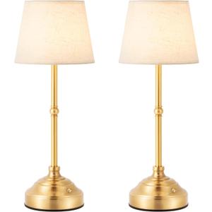 2 Pack Cordless Table Lamp, Rechargeable Desk Lamp with Fabric Shade, Battery Operated 3 Color Stepless Dimming, Small Touch Bedside Lamp Home Decor for Dining, Counter(Brushed Gold)