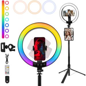 10" Selfie Ring Light with 74" Tripod Stand, RGB Full Color Modes Selfie Light with Extendable Tripod, Phone Holder, iPad Holder, Remote for iPhone & Android, TikTok/Makeup/Photography/Vlog