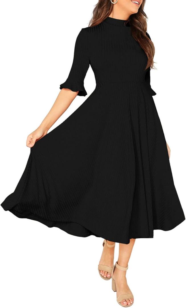 Verdusa Women's Ruffle Half Sleeve A Line Fall Dresses Elegant Fit and Flare Midi Dress (Black, M)