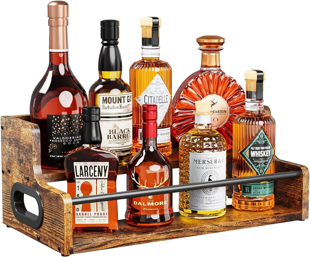 KLM Liquor Bottle Display Shelf, Coffee Syrup Rack Organizer, 2 Step Countertop Liquor Rack, mini bar,Liquor Cabinet, Home Retro Bar Shelf Stand for Liquor Whiskey, Spirits, Brown