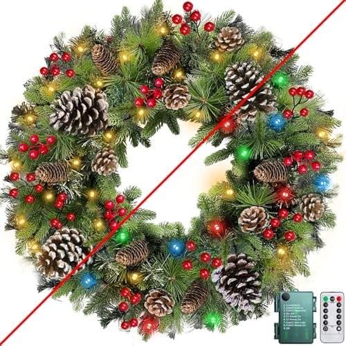 Remote Control  26 Inch Super Large Thick Prelit Christmas Wreath RealisticFeel 80 Warm White & Colorful Lights Timer 8 Mode Double Frame 268 Branches 8 Pinecone 40 Red Berry Xmas Decor Outdoor