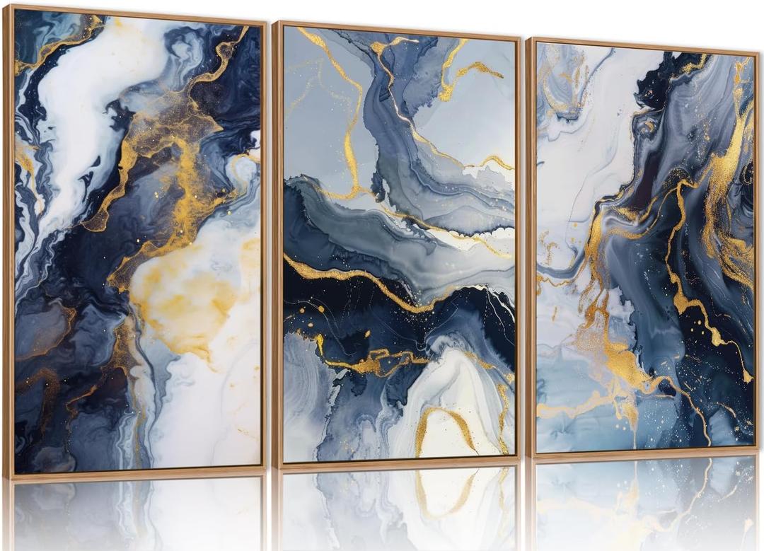 Celestdeco Blue Abstract Framed Canvas Wall Art Set, Blue Golden Aesthetic Wall Decor, Navy Blue Gold Wall Painting, Neutral Modern Art Print for Living Room, Bedroom, Dining Room, Office 16"x24"x3 (24L" x 16W", Blue and Gold)