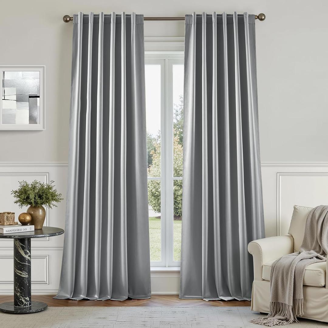 HOMEIDEAS 100% Blackout Faux Silk Curtains,Silver Grey Noise Reduction Thermal Insulated Room Darkening Window Drapes, Luxury Curtains for Bedroom Living Room Dining Nursery, 52 X 96 Inch, 2 Panels