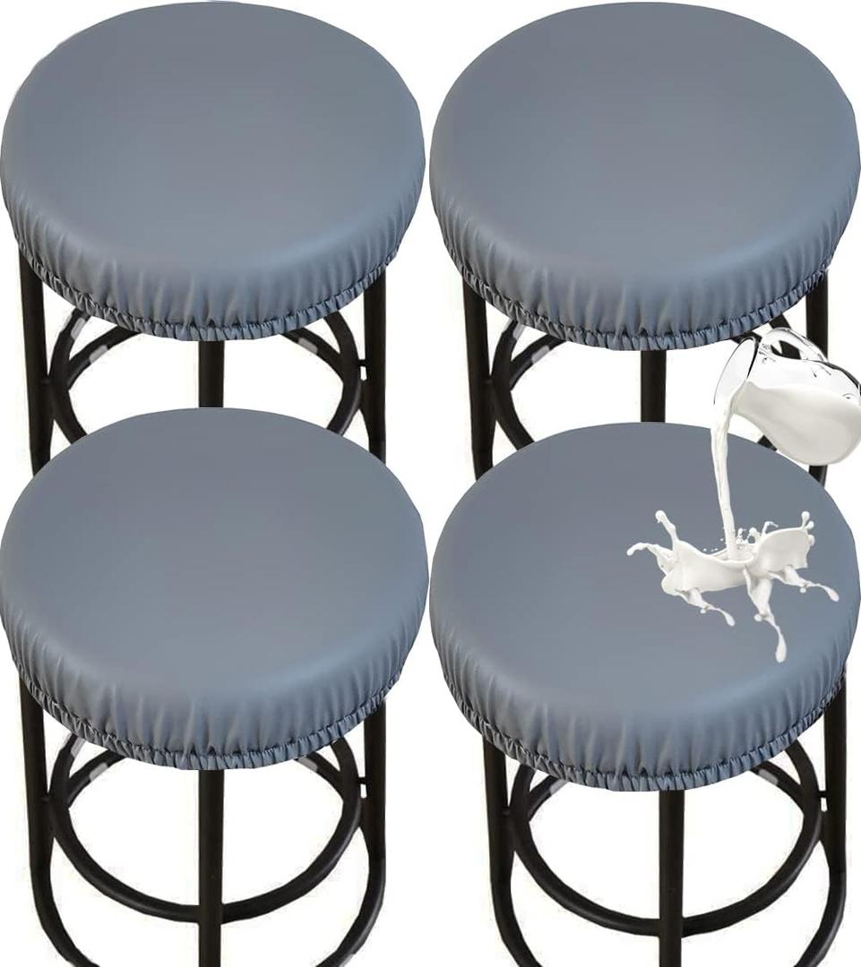 PU Bar Stool Covers - Waterproof, Washable Round Seat Covers with Elastic Bands for 12-17 Inch Chairs (4Pcs, Gray) 