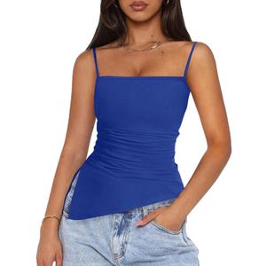 2 x PRETTYGARDEN Women's Summer Spaghetti Strap Tank Tops Sleeveless Camisole Blouses Asymmetrical Going Out Basic Tank Shirt (Blue, XL)