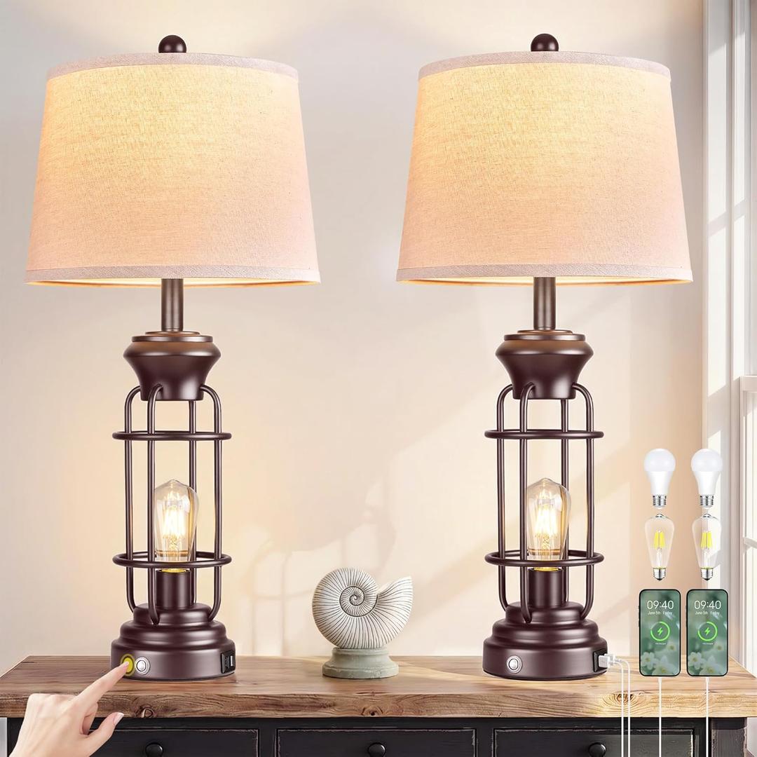 Reaketon Farmhouse Table Lamps for Living Room Set of 2, 28" Dimmable Touch Control Table Lamp with Oil Rubbed Bronze Finish, Bedroom Lamps for Nightstand, 4 Bulbs Included