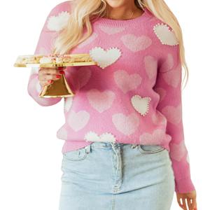 Women's Cute Valentines Sweater Love Heart Graphic Pearl Top Casual Long Sleeve Crew Neck Pullover Sweater (Medium, Pink Mom)