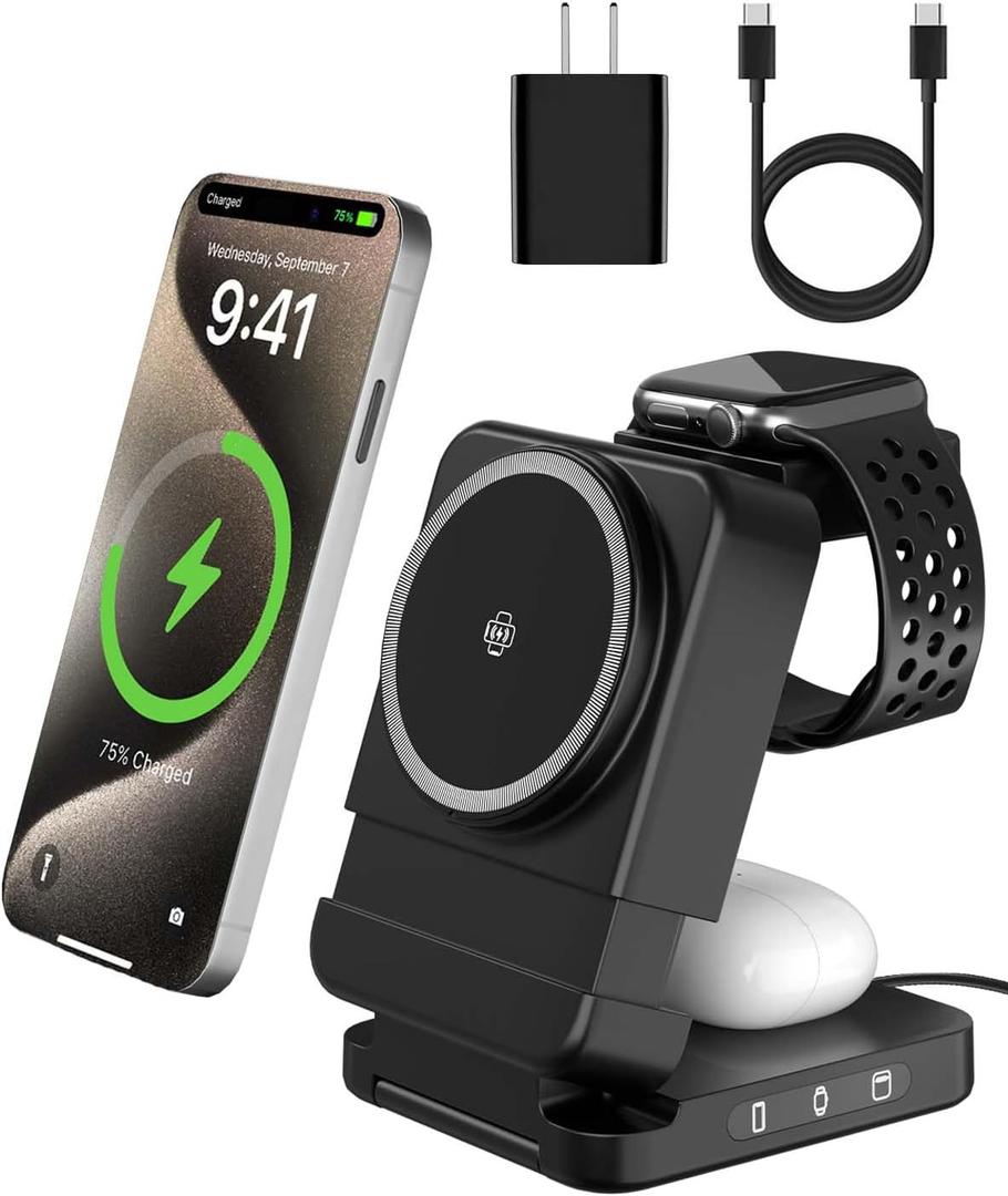 3-in-1 Foldable Wireless Charging Station, 15W Qi2 Magnetic Charger Stand for iPhone, Samsung, Apple Watch, Galaxy Watch, AirPods and Galaxy Buds, Travel Charger with 25W PD Adapter, Black