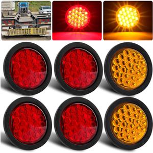 Partswcgg 6Pcs 4" Inch Round LED Trailer Tail Lights Kit - 4" Inch Round Led Stop Brake Tail Turn Signals Strobe Lights 24 LED Trucks RV w/Light Grommets 3 Prong Wire Pigtails Plug(4 Red + 2 Amber)