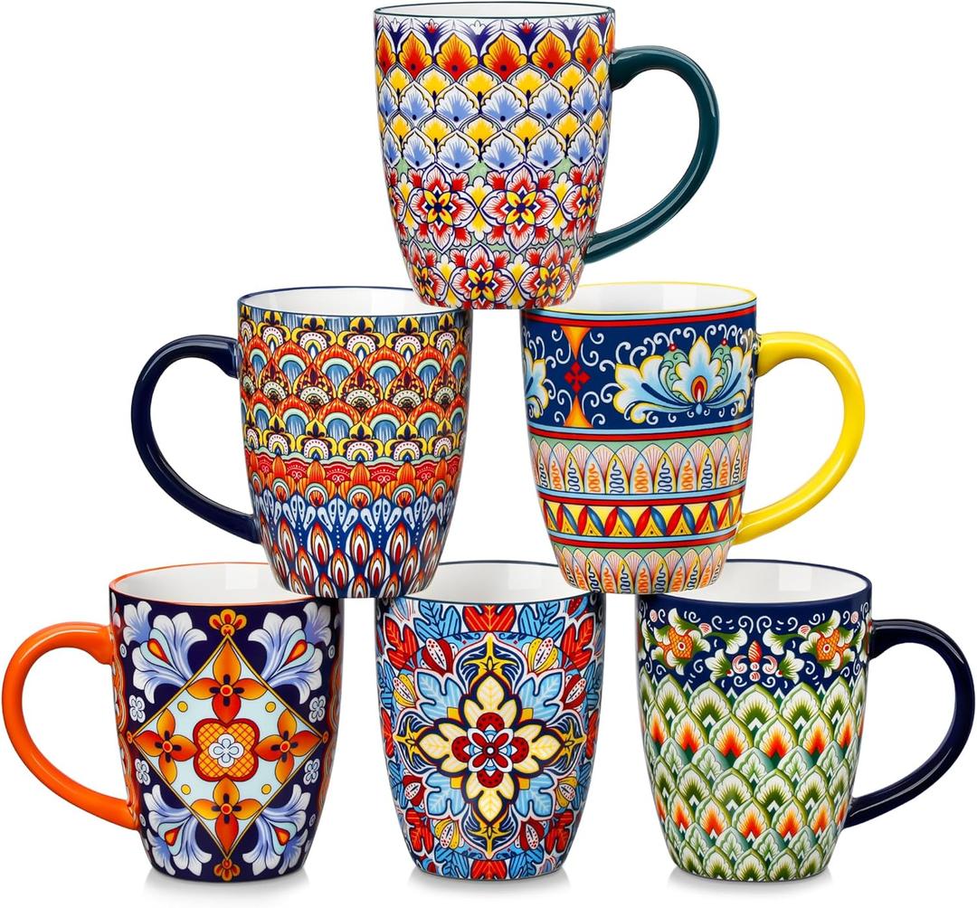 vancasso SIMI 16 oz Large Coffee Mugs Set of 6  Bohemian Ceramic Cups with Handle, Perfect for Latte, Tea, Hot Chocolate, Dishwasher & Microwave Safe Ideal Gift