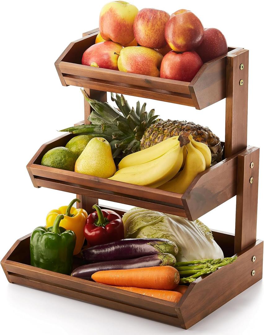 HOLANA Acacia 3 Tier Fruit Basket for Counter  Wooden Fruit Bowl for Kitchen Counter Organizer & Produce Storage Wooden Basket, Snack Organizer for Countertop, Kitchen Counter Storage (Acacia)