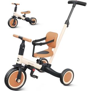 newyoo Toddler Tricycle with Push Handle for 1-3 Year Old, Toddler Bike, Birthday Gift and Toy for Boys and Girls, 5 in 1 Kids Trike, Balance Bike with Backrest and Safety Belt, Khaki, TR007