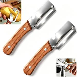 2 Pack Multifunctional Vegetable Peeler with Wooden Handle,2-in-1 Stainless Steel Veggie Cutter with Bottle Opener,Kitchen Tool for Sugar Cane Potato Pineapple Pumpkin Papaya Carrot Fruit