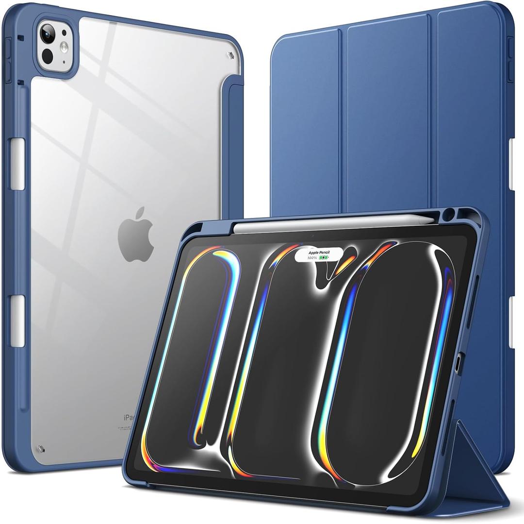 JETech Case for iPad Pro 11-Inch M4 2024 (5th Generation) with Pencil Holder, Clear Transparent Back Shell Slim Stand Shockproof Tablet Cover, Auto Wake/Sleep (Navy)