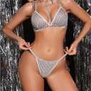 OYOANGLE Women's Glitter Sequin Cheeky Lingerie Set Triangle Bra High Cut String Thongs Sets (Silver, S)