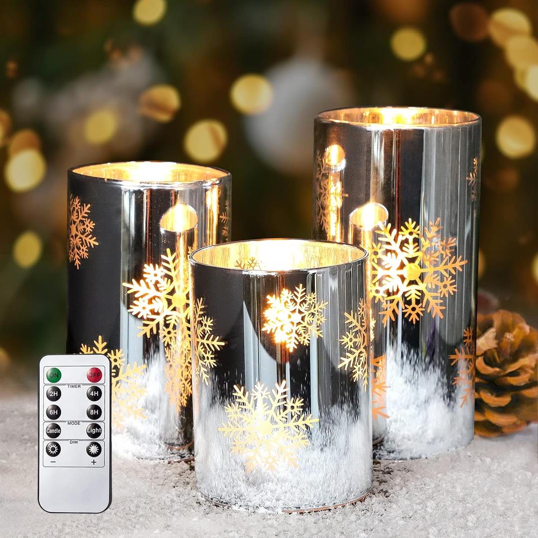 MELTONE Snowflake Holiday Flameless Candles: Real Wax Flickering Battery Operated Glass LED Candles with Remote - Home Xmas Party Christmas Decor - Set of 3