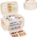 Large Makeup Bag, Portable Travel Makeup Bag Organizer for Women Girls with Makeup Brush Compartment & Two Side Pockets, Cosmetic Travel Bag Vertical Storage Toiletry - Beige (MEDIUM, 07-Lily Pattern)