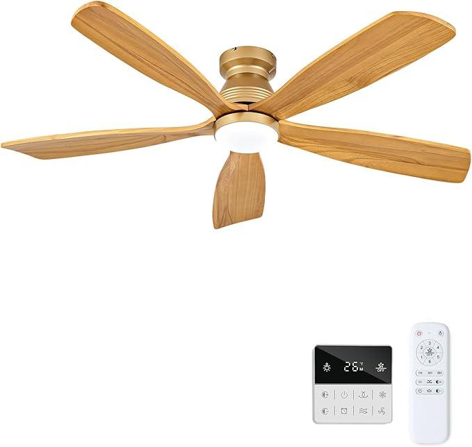 52 Inch Flush Mount Ceiling Fans with Lights and Remote, Dimmable, 5 Blades Wood Ceiling Fan with Light, Low Profile Outdoor Indoor Modern Ceiling Fan for Bedroom Patio (Gold)