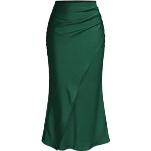 SOLY HUX Women's Satin Maxi Skirt Elegant Wrap High Waisted Ruched Fishtail Dressy Casual Skirts X-Small, Pure Dark Green
