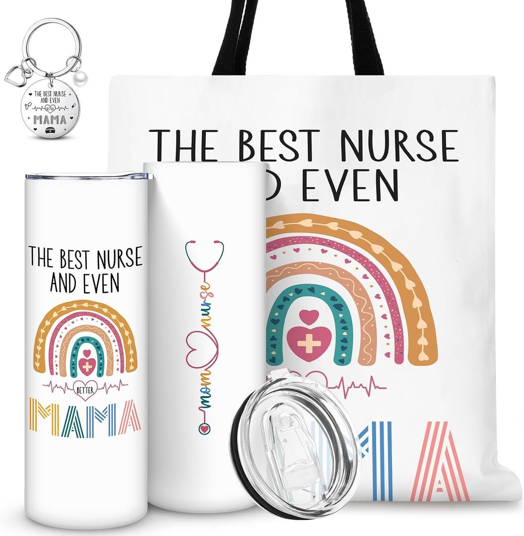 SiliFine Nurse Mother's Day Gifts Set Include Nurse Mom Canvas Tote Bag 20 oz Mama Stainless Steel Tumbler Appreciation Keychain Birthday Gifts from Daughter Son for Women
