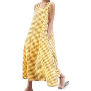 Chouyatou Women's Casual Loose-Fit Cotton and Linen Plaid Tank Maxi Dress with Pockets (XX-Large, Yellow)