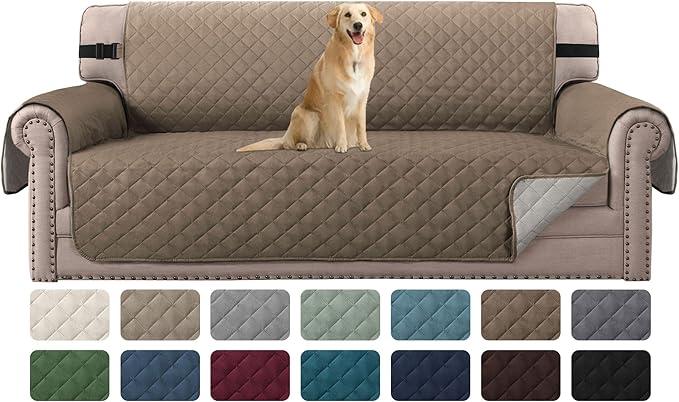DEMORI Reversible Quilted Sofa Cover Water Resistant Sofa Slipcover Washable Couch Cover with Non Slip Elastic Strap Furniture Protector for Kids, Dogs, Pets(Sofa, Taupe Brown/Beige)