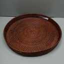 16.9 inch Round Rattan Tray, Woven Large Serving Tray with Handles, Wicker Serving Basket, Coffee Table Decor for Living Room, Reddish-Brown