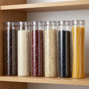 6Pcs Clear Food Grade Plastic Airtight Storage Jars with Lids, Round Tall Narrow Transparent Food Canisters, Kitchen Storage Containers for Spaghetti, Pasta, Noodles, Rice, Flour & Dry Pantry Goods