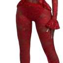 Acelyn Women 2 Piece Lace Sets Sexy Bodycon Mesh Sheer Floral Lace Legging Pants Club Outfits Long Sleeve Ruffle Cardigans (Red), XXL