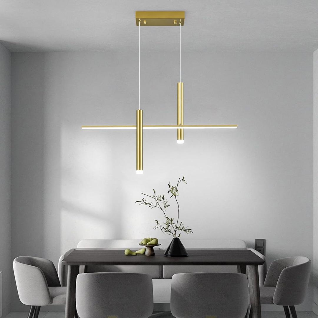 Modern LED Linear Pendant Light with Dual Spotlights Dimmable 6000K Pendant Lights Kitchen Island Gold Chandeliers for Dining Room Table Living Room Bedroom(L31.5in)
