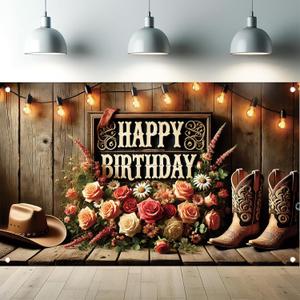 Western Cowboy Birthday Backdrop Wild West Rustic Happy Birthday Decorations Banner with Hat Boots Wood Wall Background for Adults Men Women Birthday Party Photography Props 71 x 43 Inch